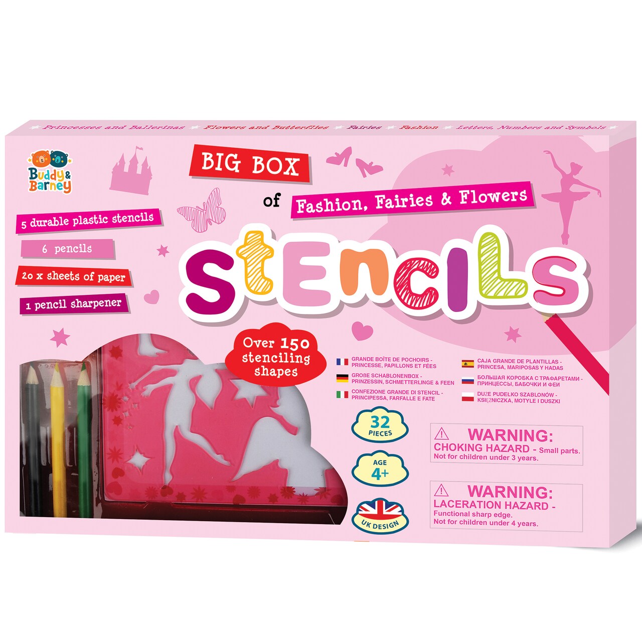 Buddy & Barney: Big Box of Stencils - Fashion, Fairies & Flowers - 32pc Art Set, 6 Pencils, 150+ Stenciling Shapes, 20 Sheets Of Paper, Kids Age 4+